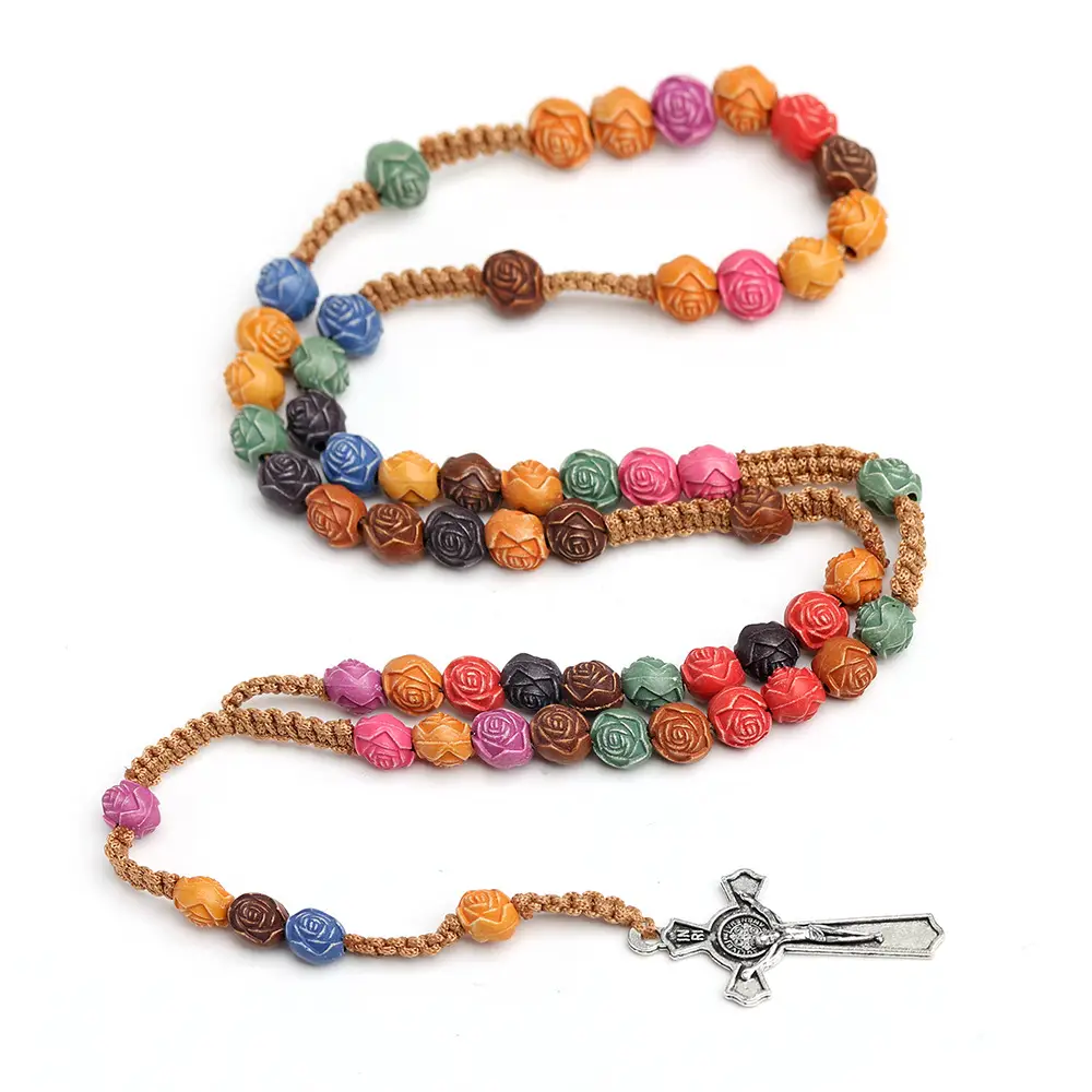 Colorful Cross Rose Rosary Necklace with Silver Pendant