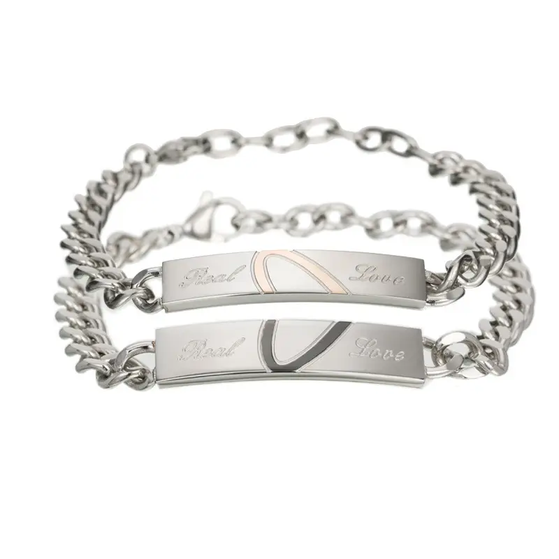 Titanium Steel Couple Bracelet Set Silver Hearts