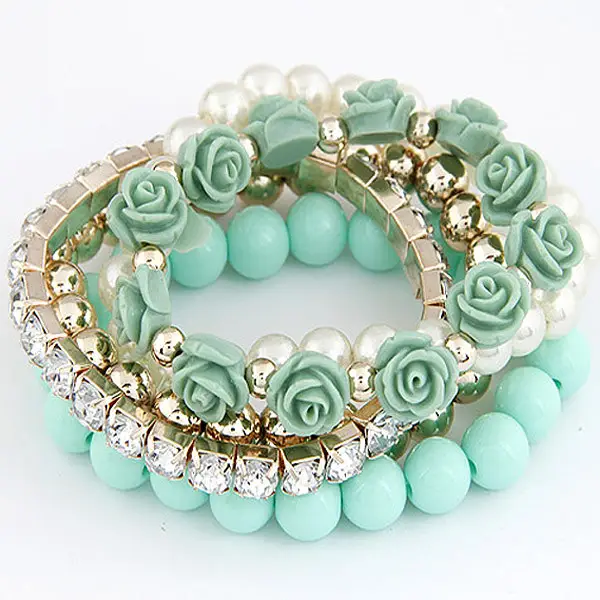 Multi Layer Mint Green Rose Bracelet Set for Women
