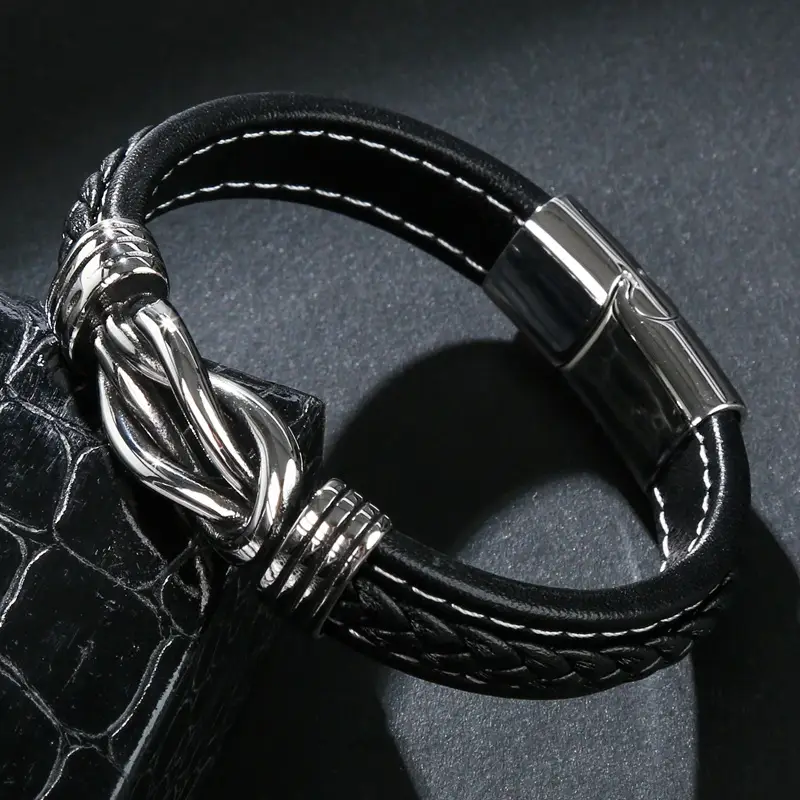 Stainless Steel Knot Bracelet Black Leather Pakistani Men