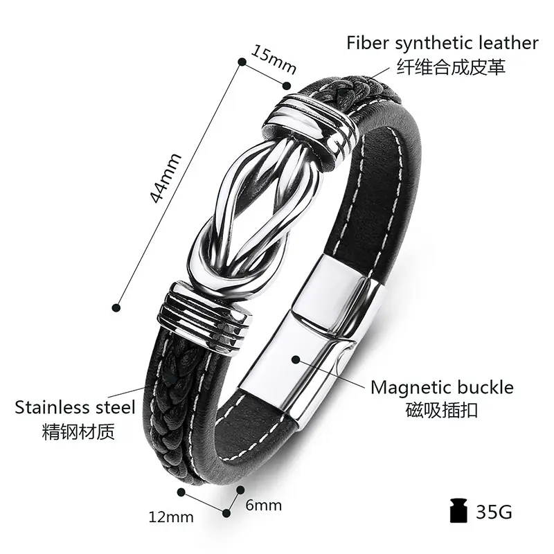 Stainless Steel Knot Bracelet Black Leather Pakistani Men