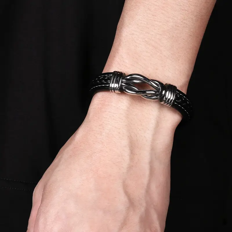 Stainless Steel Knot Bracelet Black Leather Pakistani Men