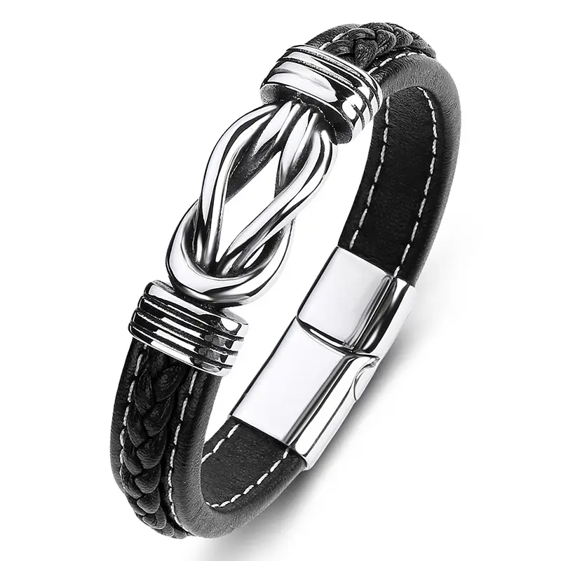 Stainless Steel Knot Bracelet Black Leather Pakistani Men