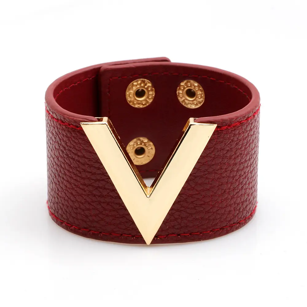 Red PU Leather V-Buckle Bracelet for Women