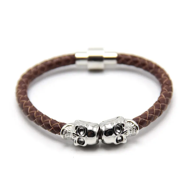 Gold Plated Skull Braided Leather Bracelet for Men