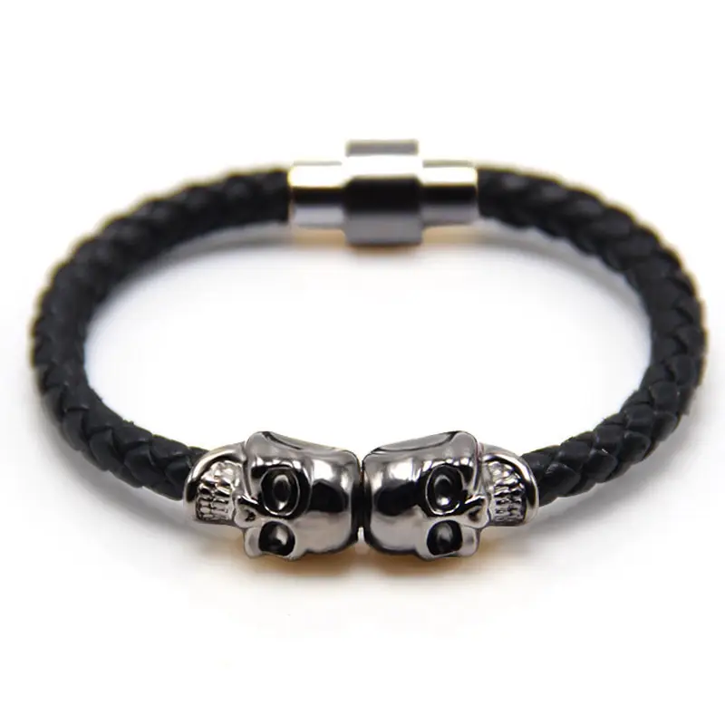 Men's Skull Charm Braided Black Cowhide Bracelet