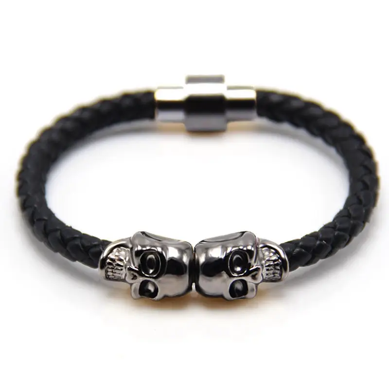 Men's Skull Charm Braided Black Cowhide Bracelet