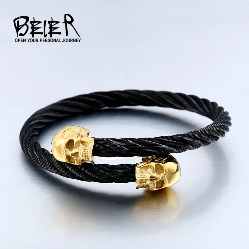 Gold Skull Bracelet for Men Black Steel Cable