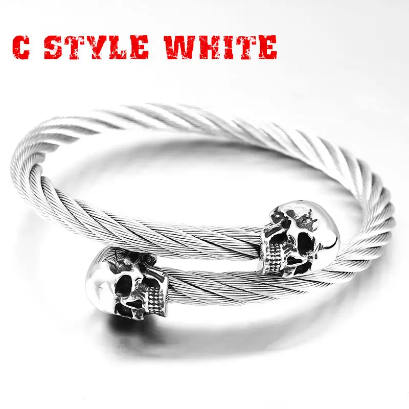Gold Skull Bracelet for Men Black Steel Cable