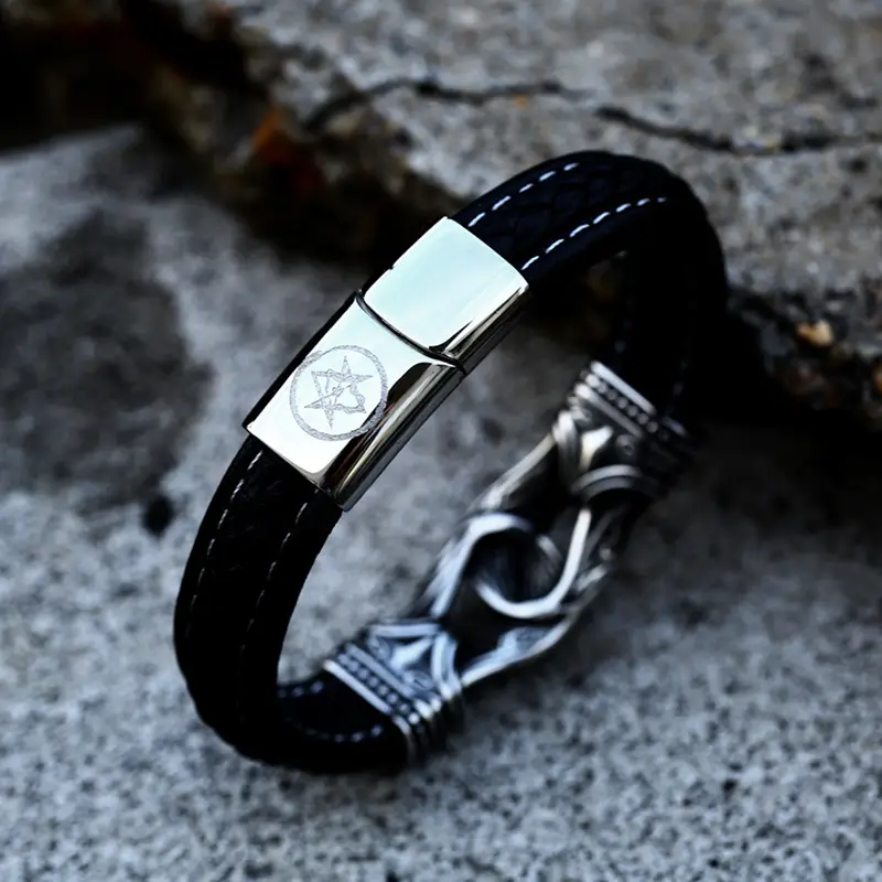 Black Viking Leather Bracelet for Men