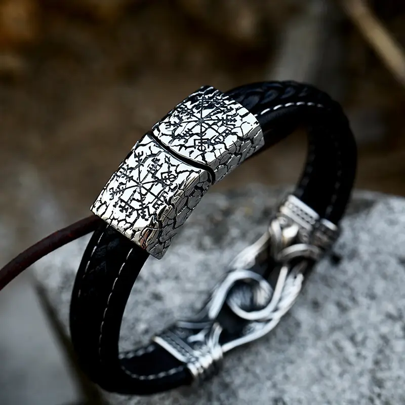 Black Viking Leather Bracelet for Men