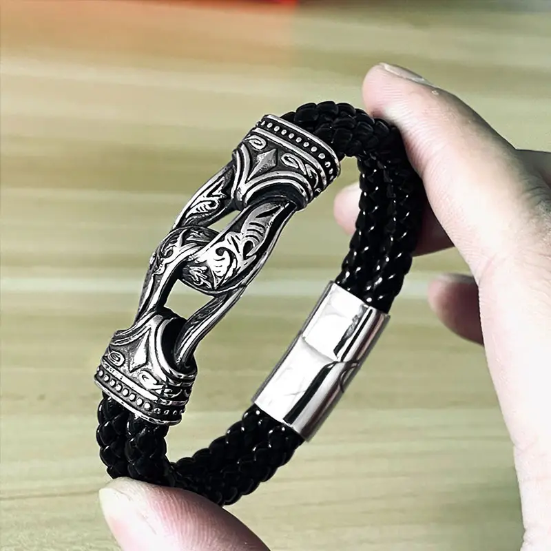 Black Viking Leather Bracelet for Men