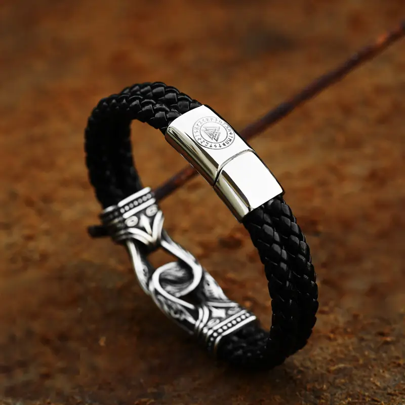 Black Viking Leather Bracelet for Men