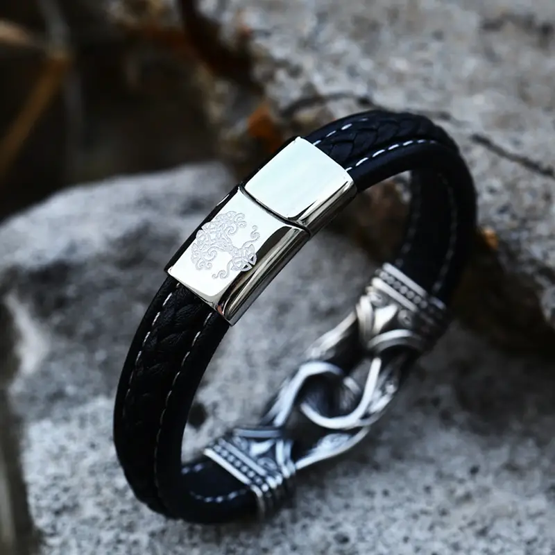 Black Viking Leather Bracelet for Men