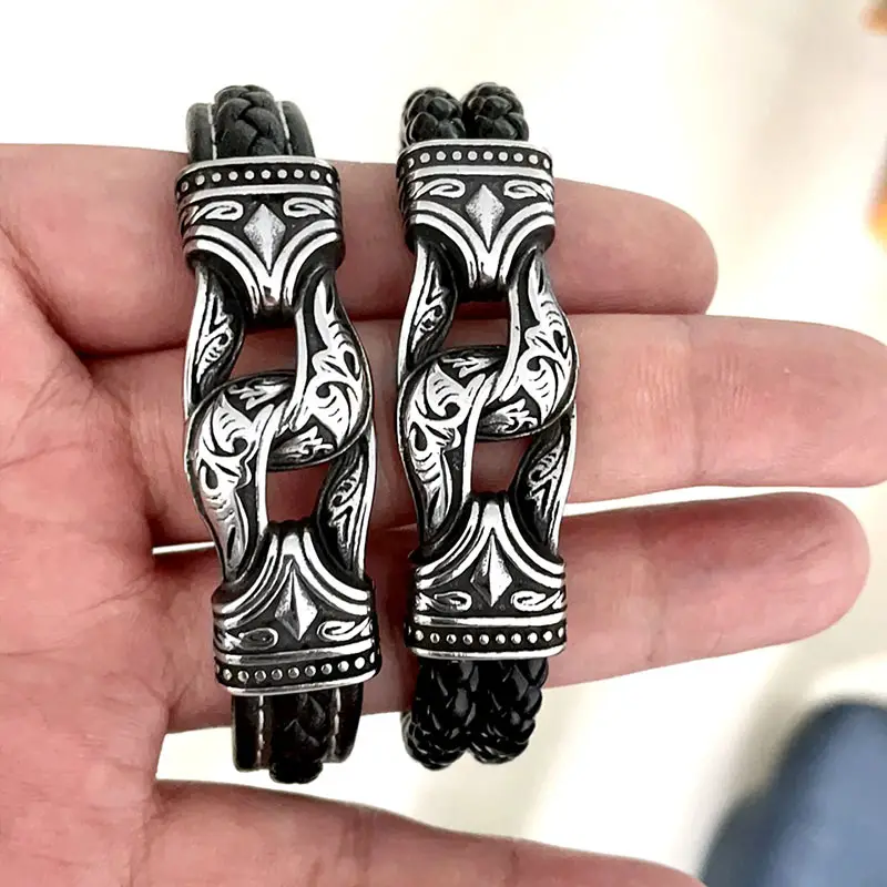 Viking Leather Bracelet for Men Black Magnetic Clasp