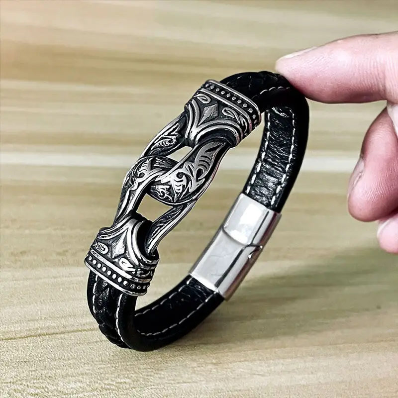 Viking Leather Bracelet for Men Black Magnetic Clasp