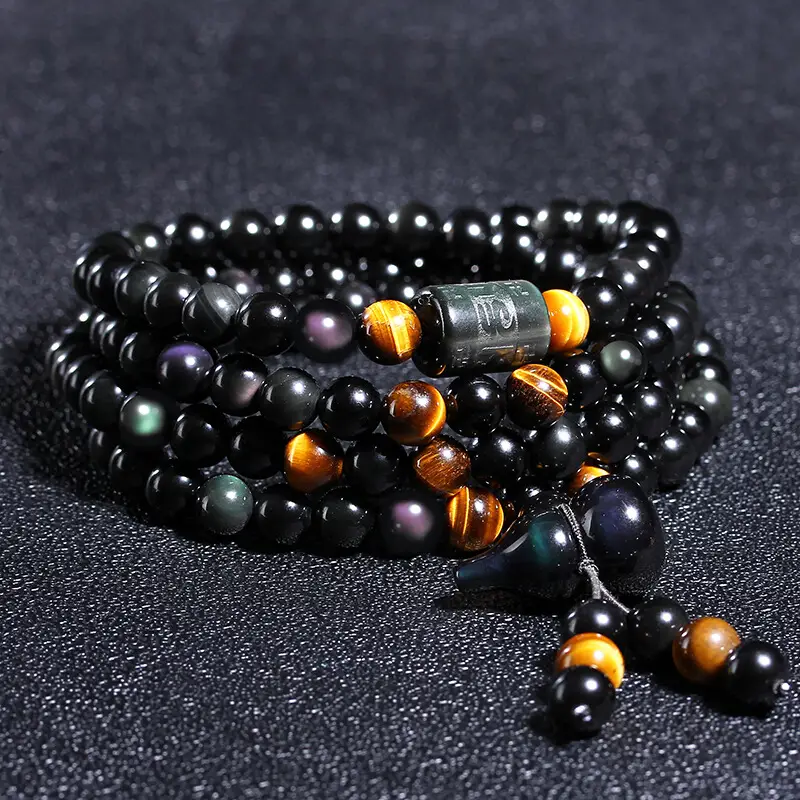 108 Bead Bracelet Rainbow Eye Obsidian Yellow Chalcedony