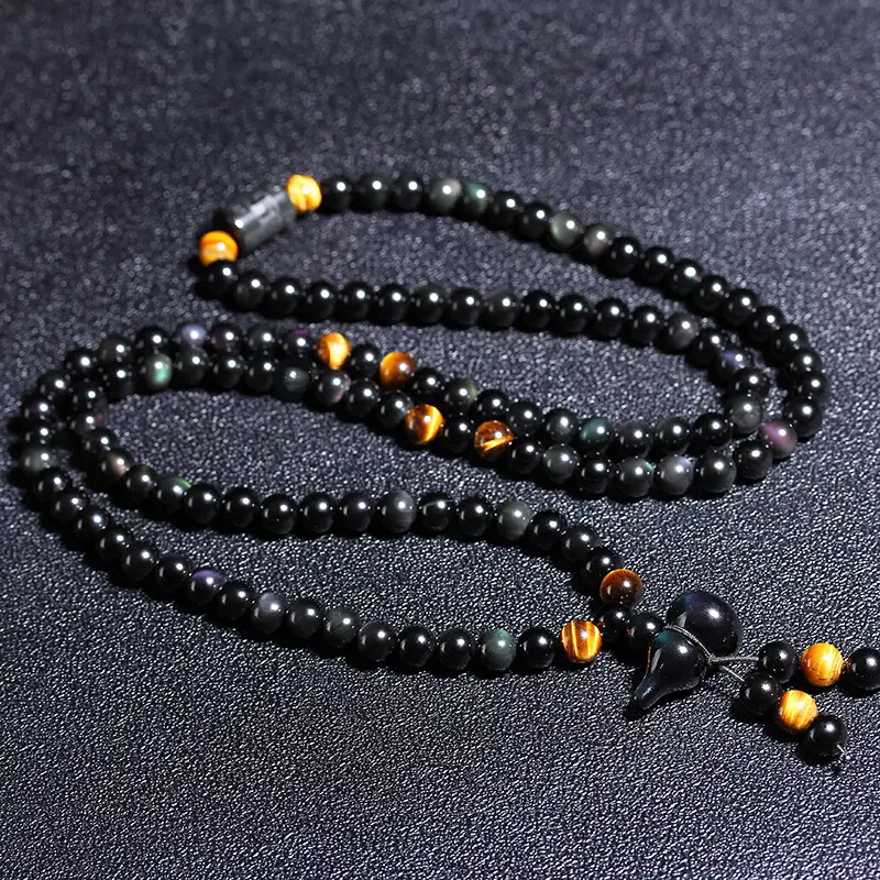108 Bead Bracelet Rainbow Eye Obsidian Yellow Chalcedony