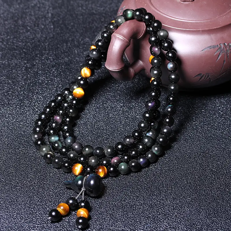108 Bead Bracelet Rainbow Eye Obsidian Yellow Chalcedony