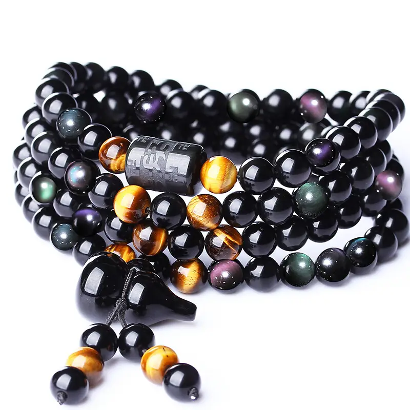 108 Bead Bracelet Rainbow Eye Obsidian Yellow Chalcedony