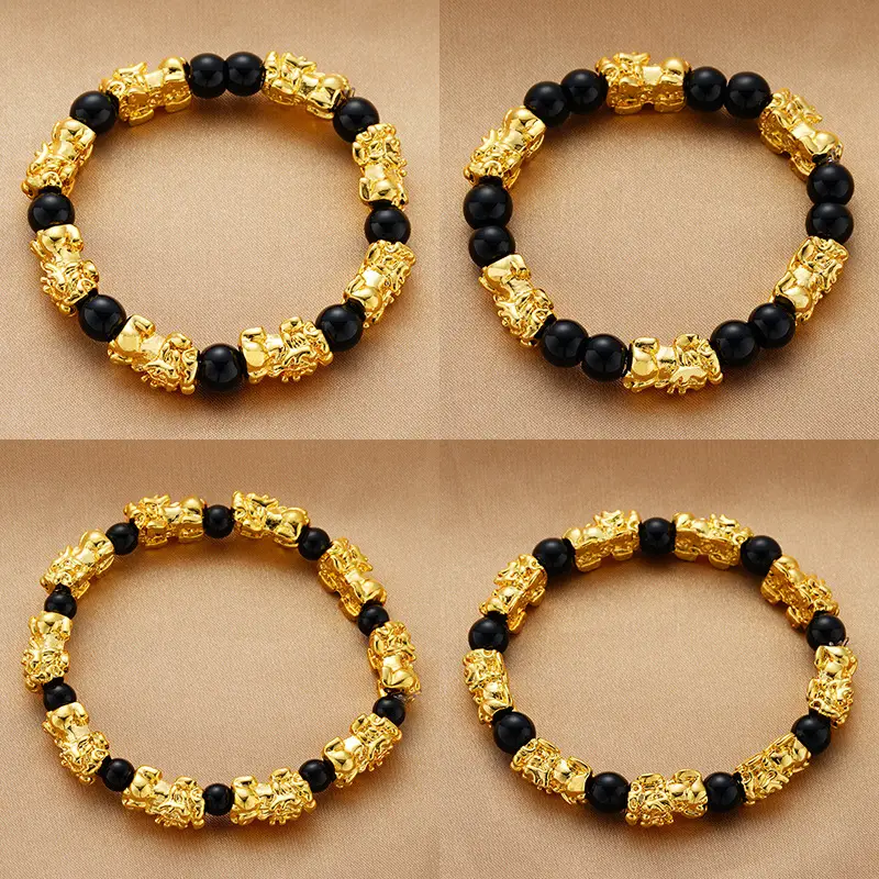 Gold Plated Pixiu Charm Bracelet Black Onyx Beads