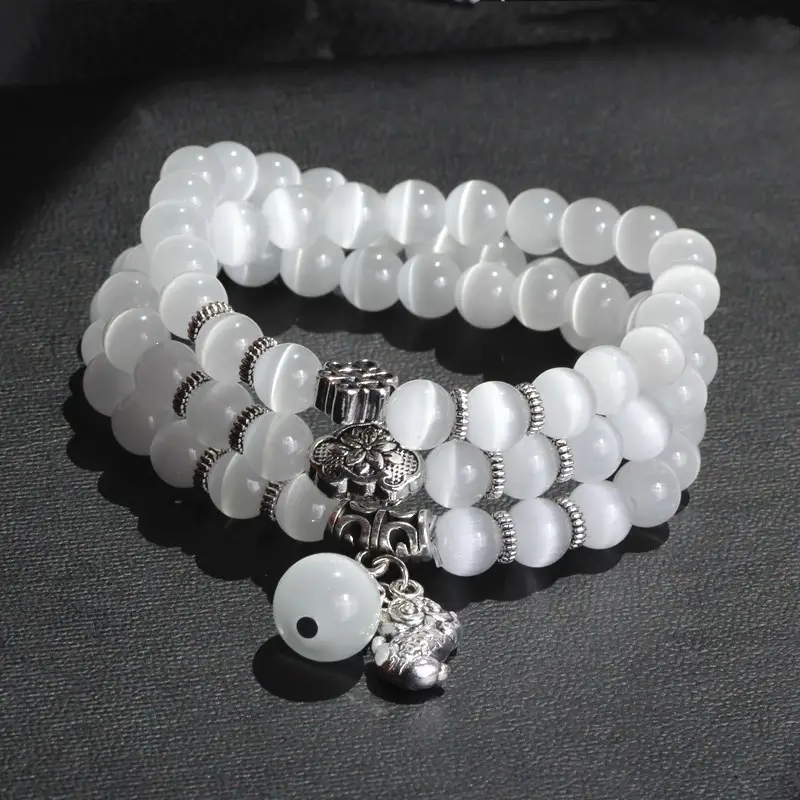 Cat Eye Bracelet for Women White Silver Beads