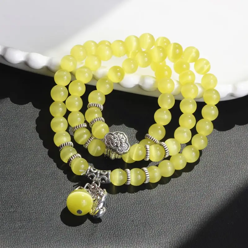 Cat Eye Bracelet for Women White Silver Beads