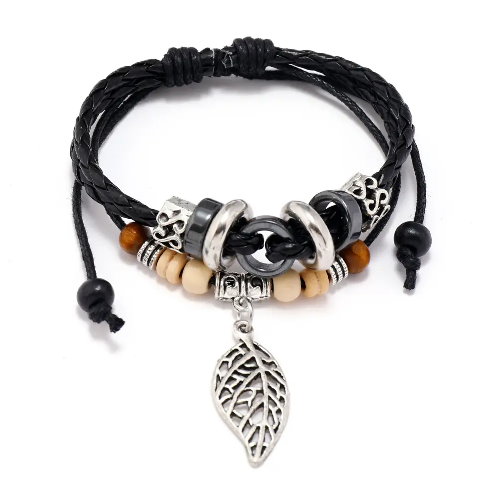 Vintage European Cowhide Bracelet with Leaf Pendant