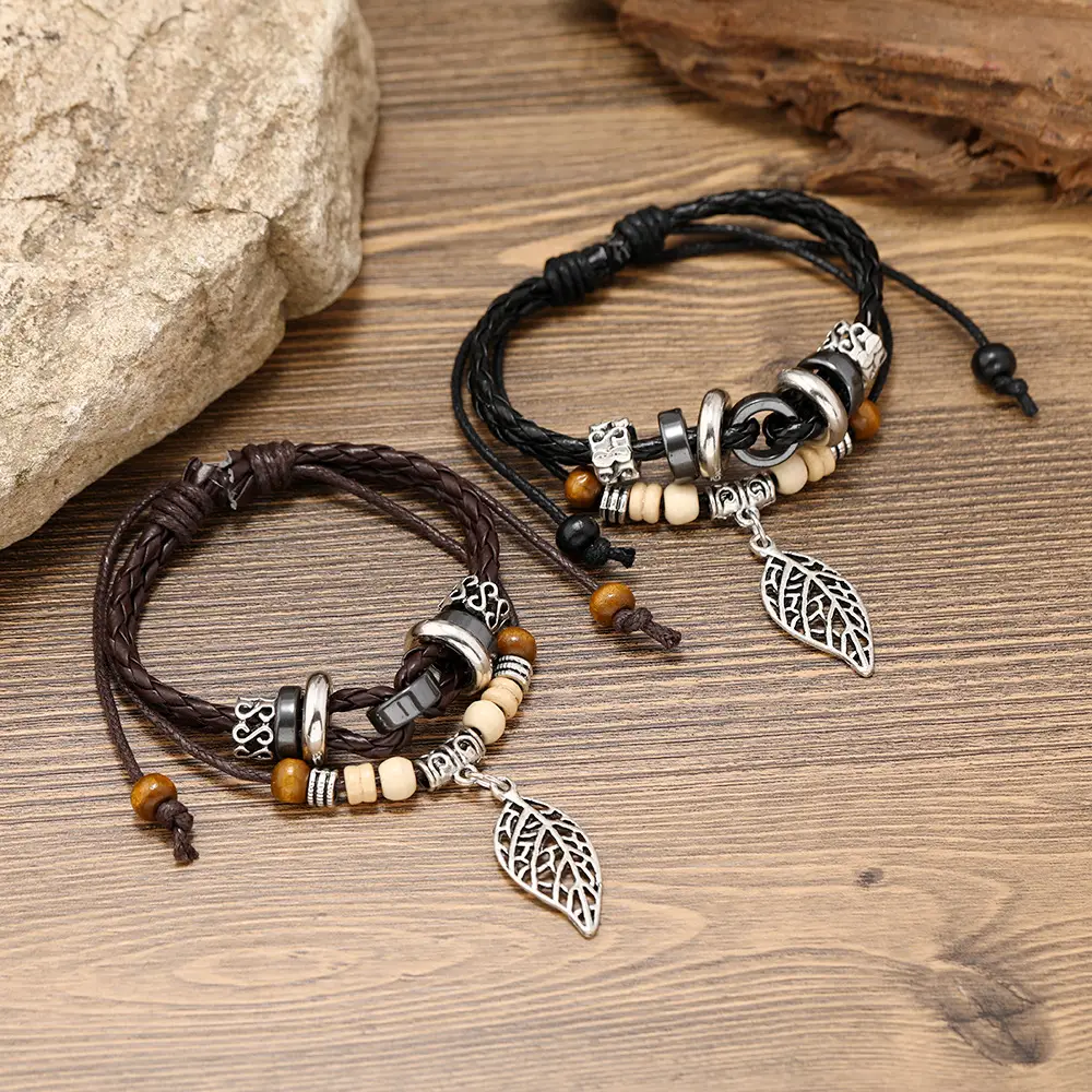 Vintage European Cowhide Bracelet with Leaf Pendant