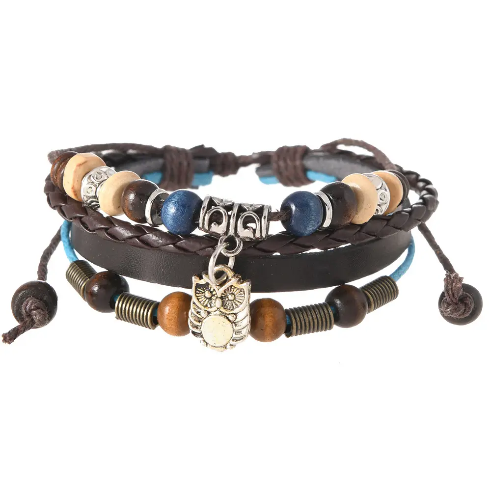 Retro Owl Bracelet Brown Leather Adjustable for Women