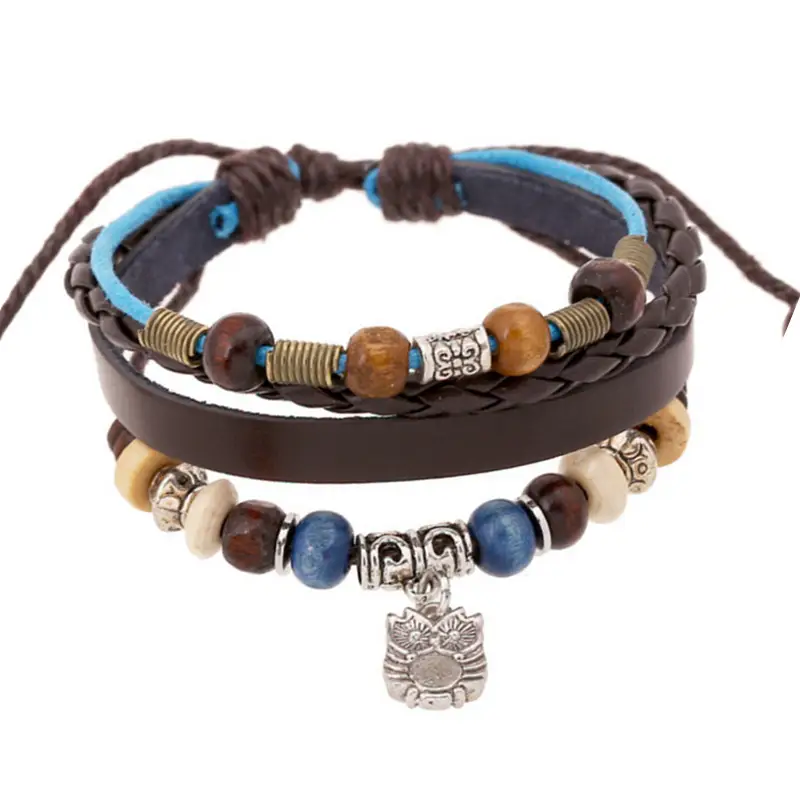 Retro Owl Bracelet Brown Leather Adjustable for Women