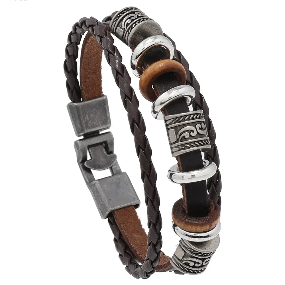 Men's Multi-Layer Leather Bracelet with Vintage Beads & Magnetic Buckle