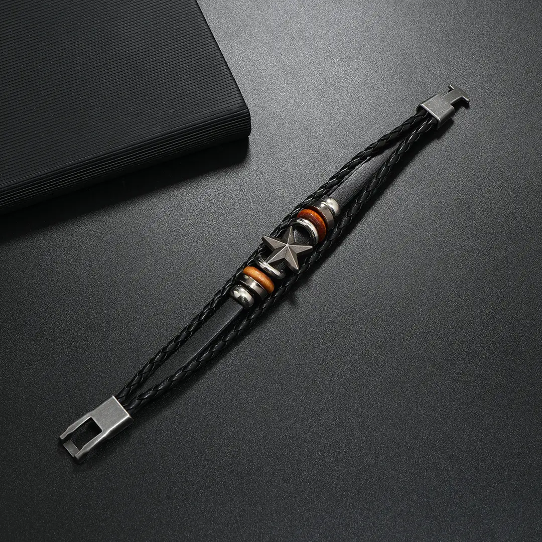Men's Black Leather Star Charm Bracelet Magnetic Buckle