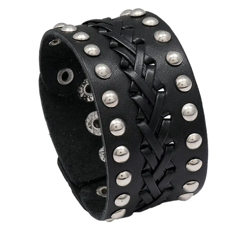 Black Leather Braided Bracelet with Silver Studs for Men