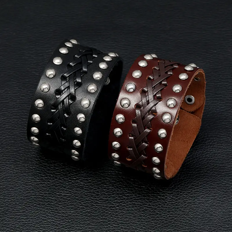 Black Leather Braided Bracelet with Silver Studs for Men
