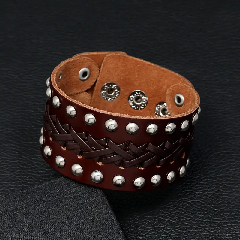 Black Leather Braided Bracelet with Silver Studs for Men