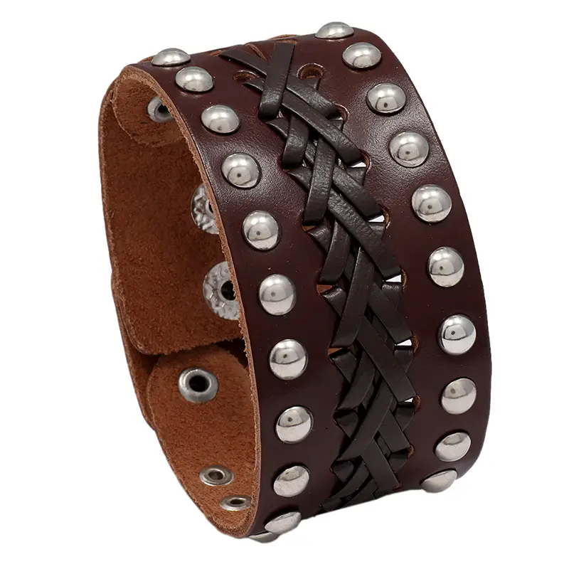 Black Leather Braided Bracelet with Silver Studs for Men
