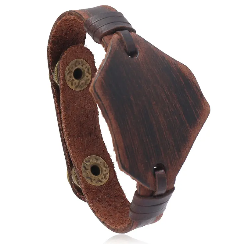 Retro Brown Leather Bracelet with Brass Rivets for Men