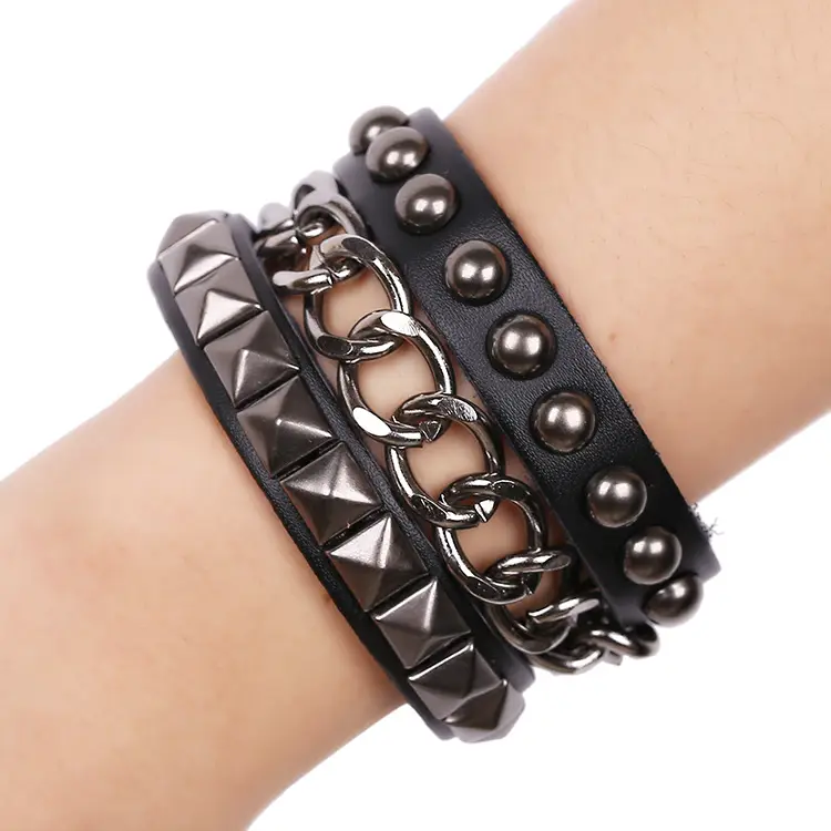 Black Punk Leather Bracelet Set for Women