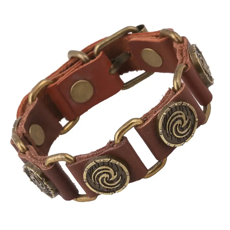 Retro Brown Cowhide Leather Bracelet with Brass Spools