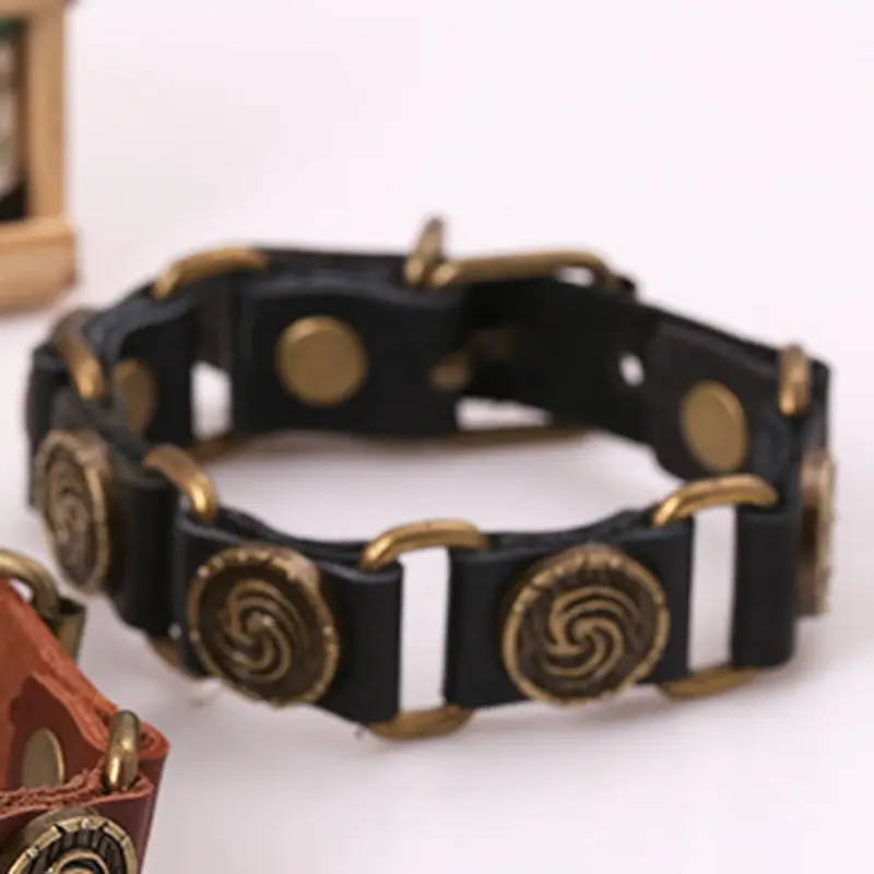 Retro Brown Cowhide Leather Bracelet with Brass Spools