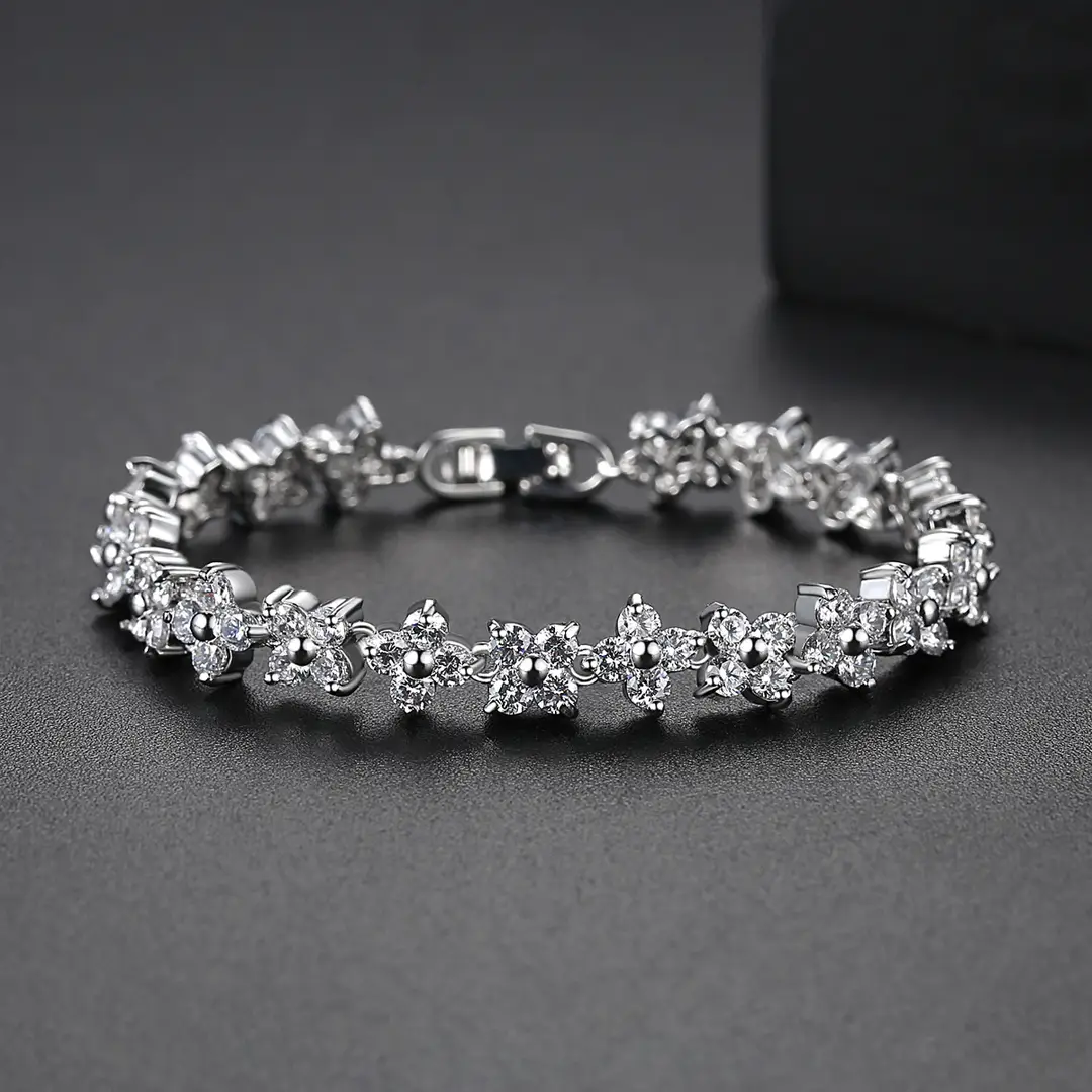 Silver Flower Bracelet for Women with Sparkling Stones