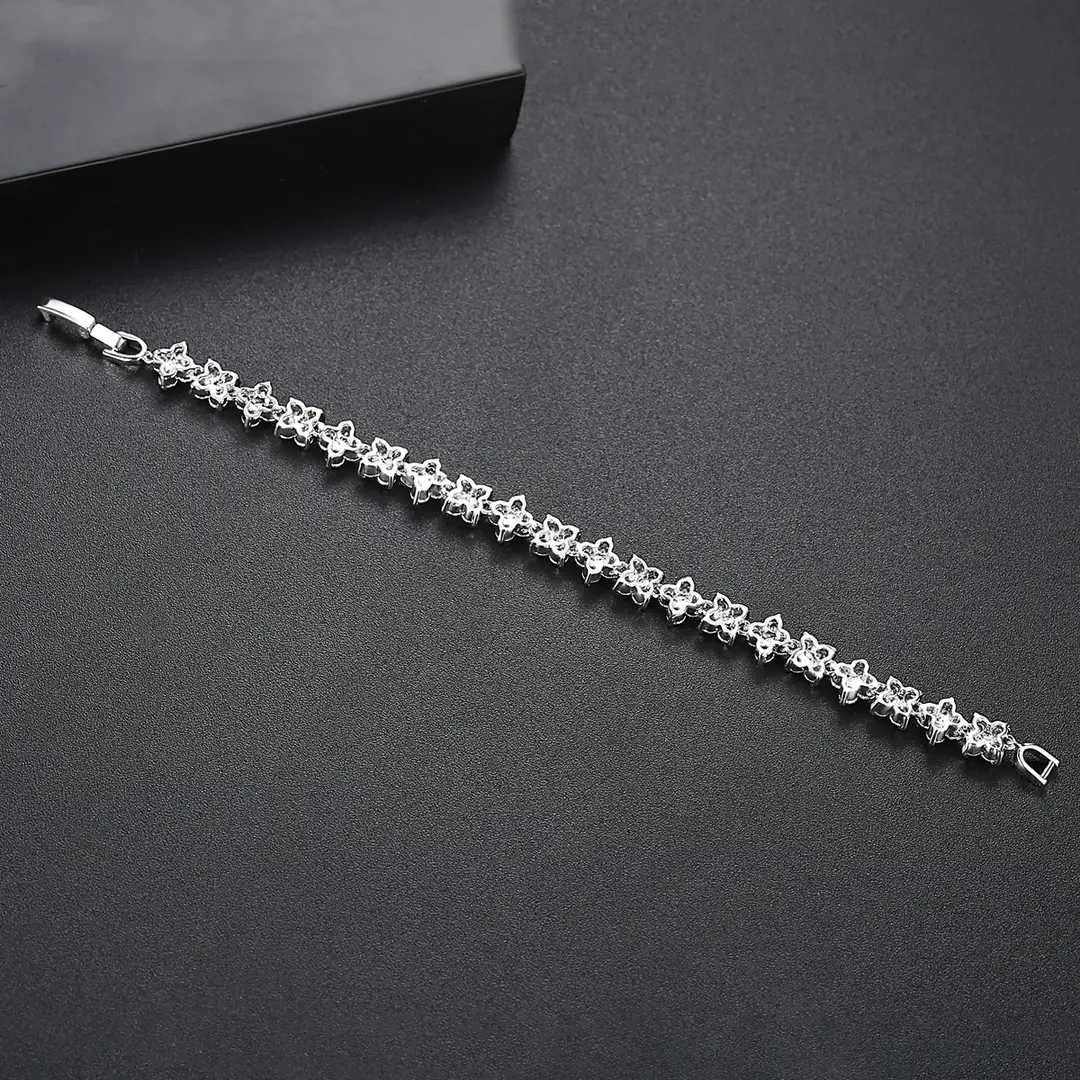 Silver Flower Bracelet for Women with Sparkling Stones