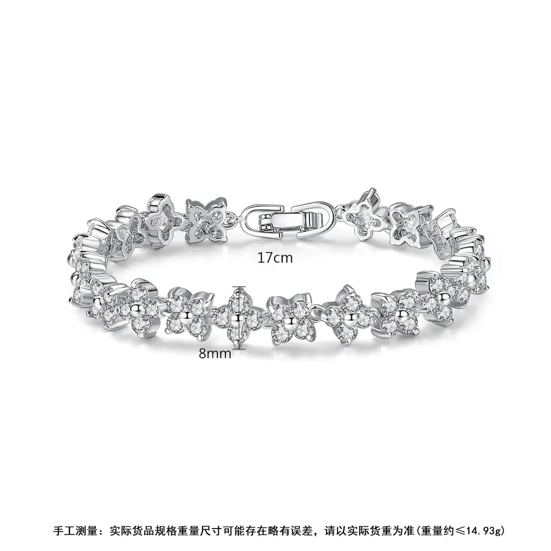 Silver Flower Bracelet for Women with Sparkling Stones