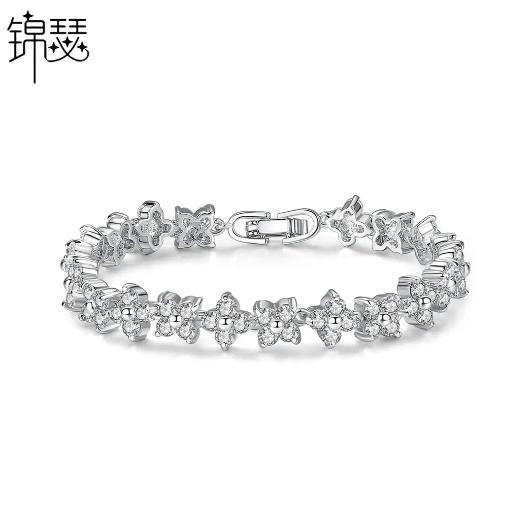 Silver Flower Bracelet for Women with Sparkling Stones