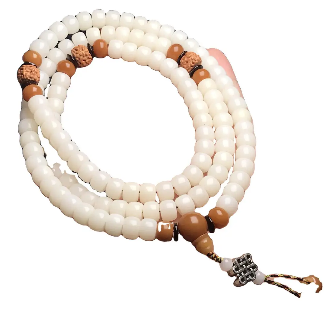 108 Bead Bracelet White Jade Bodhi Root with Lotus Pendant