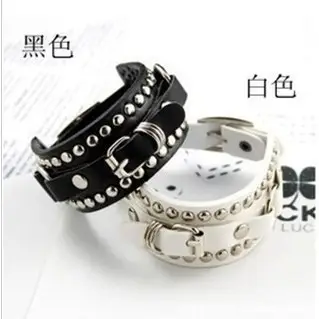 Multi-Level PU Leather Bracelet Black White Adjustable Buckle