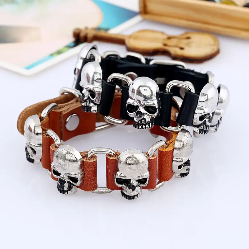 Black Leather Skull Bracelet for Men Women Punk Style