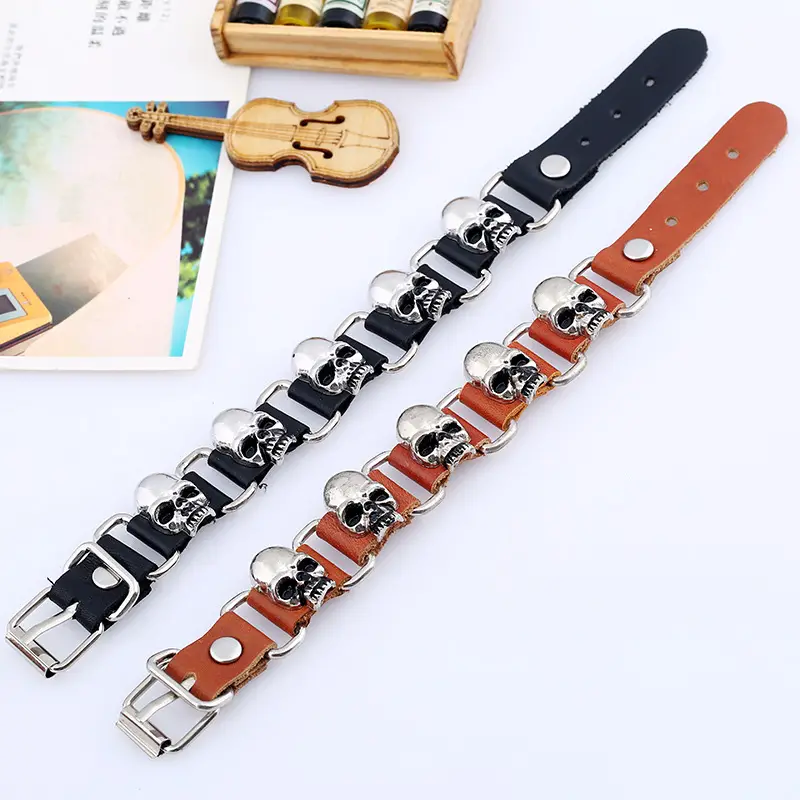 Black Leather Skull Bracelet for Men Women Punk Style