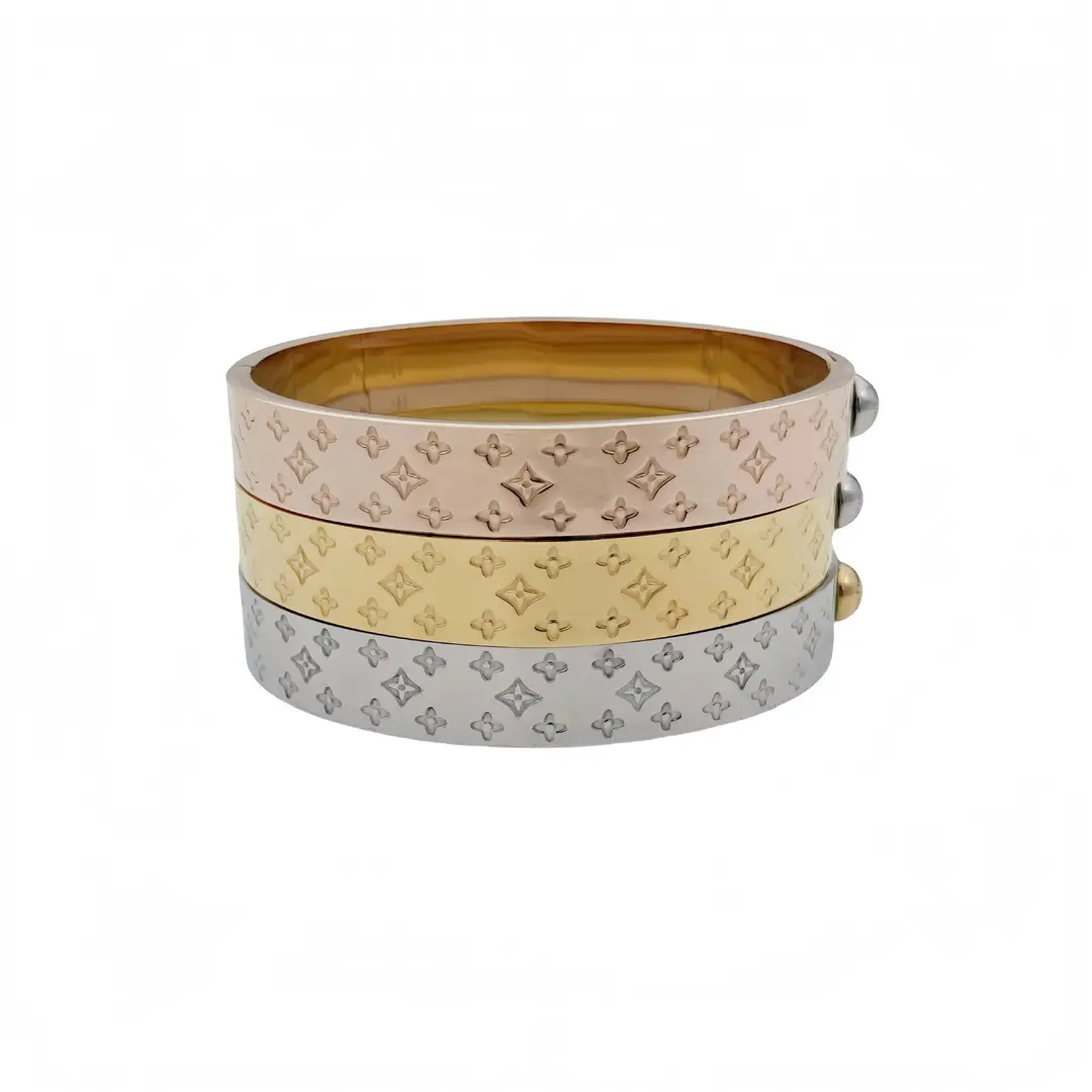 Triple Layered Bracelet Silver Rose Gold Yellow Gold Floral Pattern
